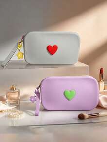 Cute Heart‑Decorated Silicone Cosmetic Bag, Portable Makeup Pouch With Star Charm Wrist Strap, Multi‑Purpose Travel Toiletry Organizer, Small Zipper Storage Purse For Lipstick Jewelry - Multicolor - View 3