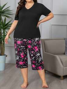 Plus Size Women's Fashion Floral Print V-Neck Design Pajama 2 Pieces Set - Black - View 3