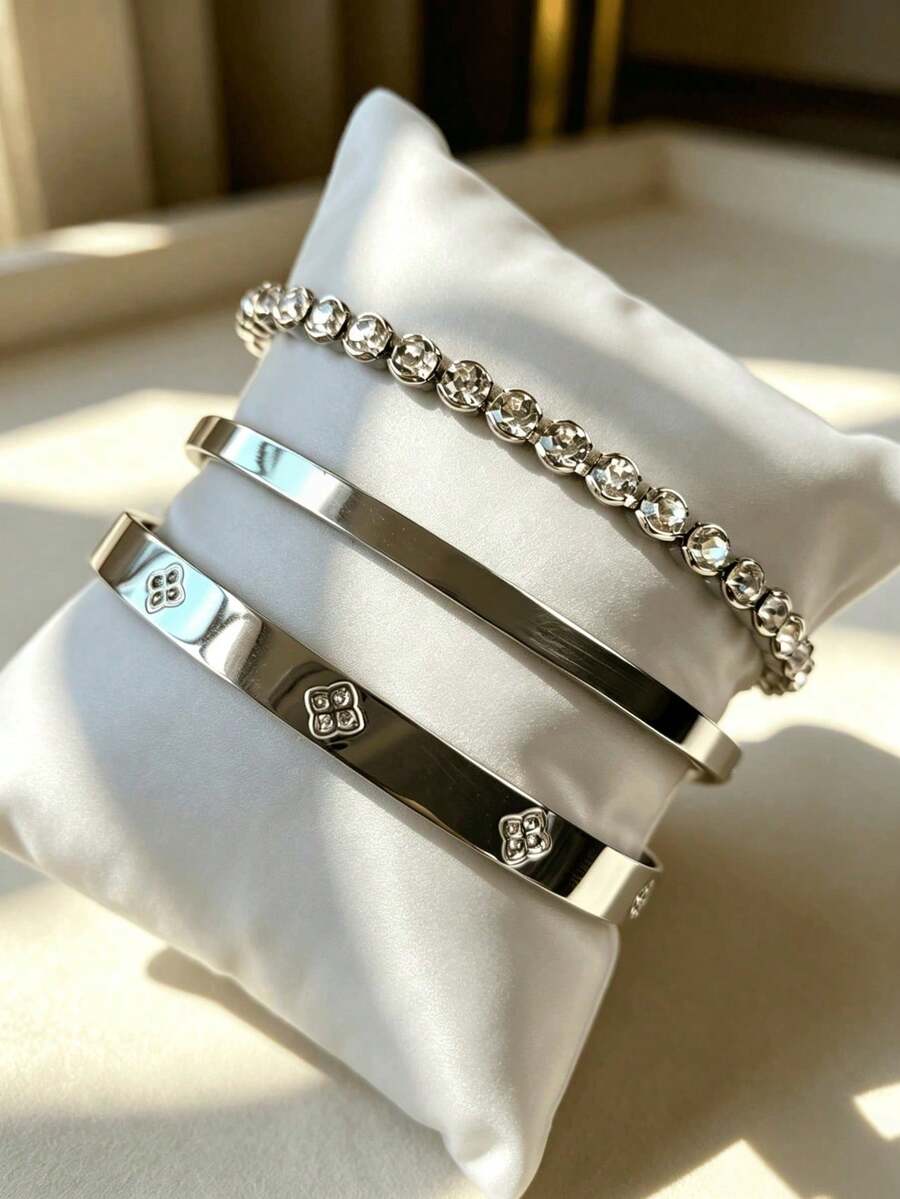 3件/1件組 不鏽鋼鋯石手鍊與氣泡手鍊,可疊戴亮麗精緻高品質手鍊套組,時尚百搭日常珠寶 - 銀色3 - 查看 1