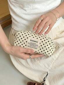 1pc Beige Background Black Polka Dot Canvas Pencil Case, Girls Style Stationery Storage Bag - Multicolor - View 9