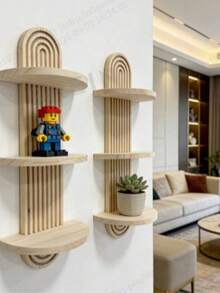 3-Tier Bohemian Style Wall Shelf - Curved Shelves, Colorful Candle Holders & Storage Rack, Multi-Functional Decor Suitable For Bedroom, Kitchen, Living Room, Bathroom, Multi-Purpose Organizer | Bohemian Home Decor | Natural Wood Appearance - Wood Color - View 3