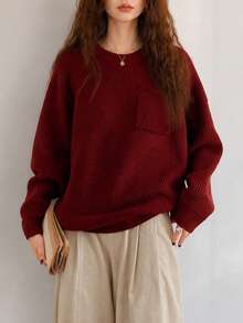 Women's Autumn/Winter Casual Minimalist Pocket Design Round Neck Loose Pullover Sweater - Red - View 4