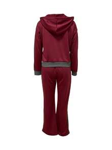 New Autumn/Winter Vintage Colorblock Drawstring Hooded Sweatshirt & Draped Flared Pants Casual Set - Burgundy - View 2
