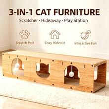 Cat Scratcher Tunnel House, Detachable Multi-Hole Cardboard Cat Box With Hanging Ball, Large Multi-Cat Interactive Rest Box - Khaki - View 1