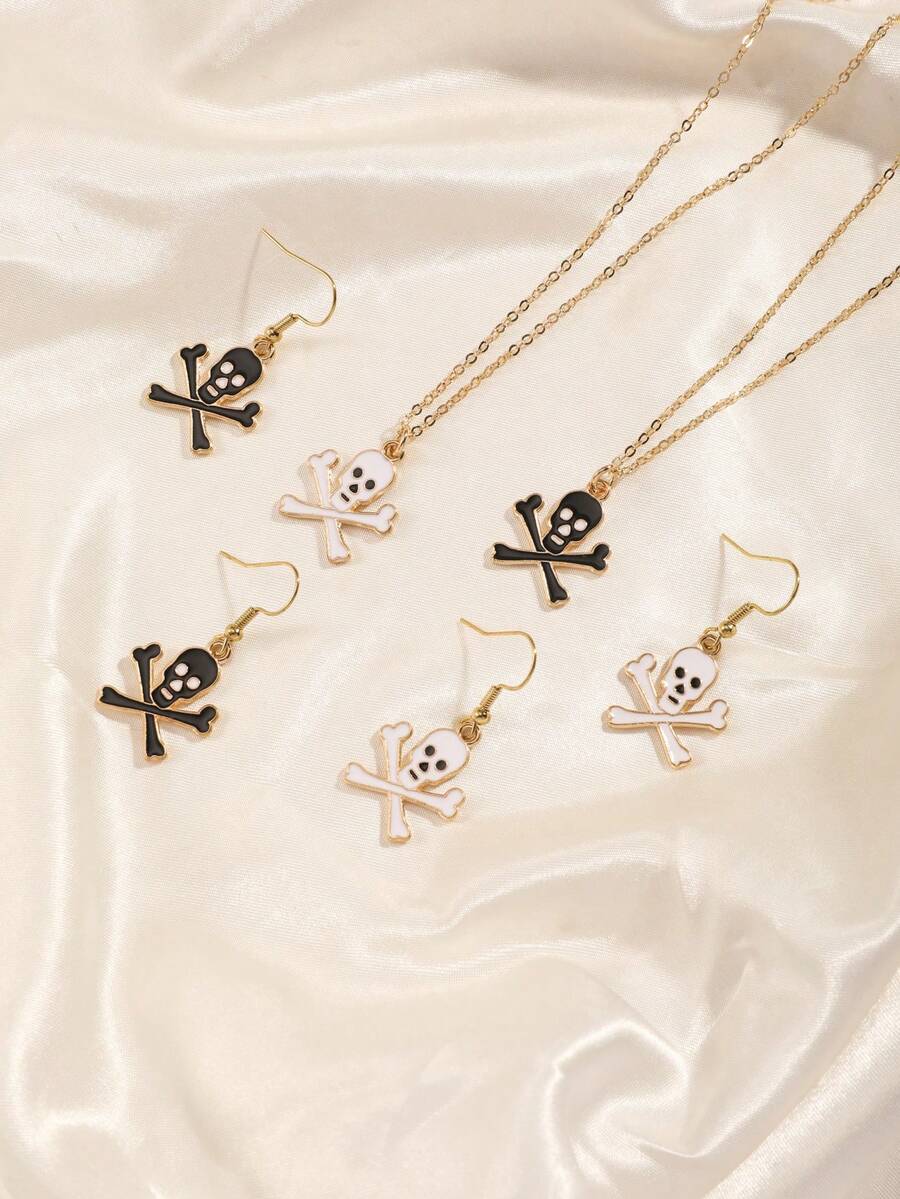 1 Set Halloween Skeleton Bone Alloy Oil Drip Pendant Necklace & Earrings Metal Jewelry Set - Multicolor - View 1