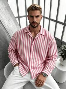 男士長袖條紋襯衫，休閒時尚設計，日常穿著，春秋款 - 西瓜粉 - 查看 1