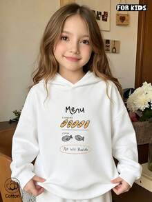 Children's Hooded Sweatshirt: Cute "Menu" With Bread And Fish Patterns, Soft And Breathable, Suitable For Daily Wear In Spring And Autumn - White - View 2