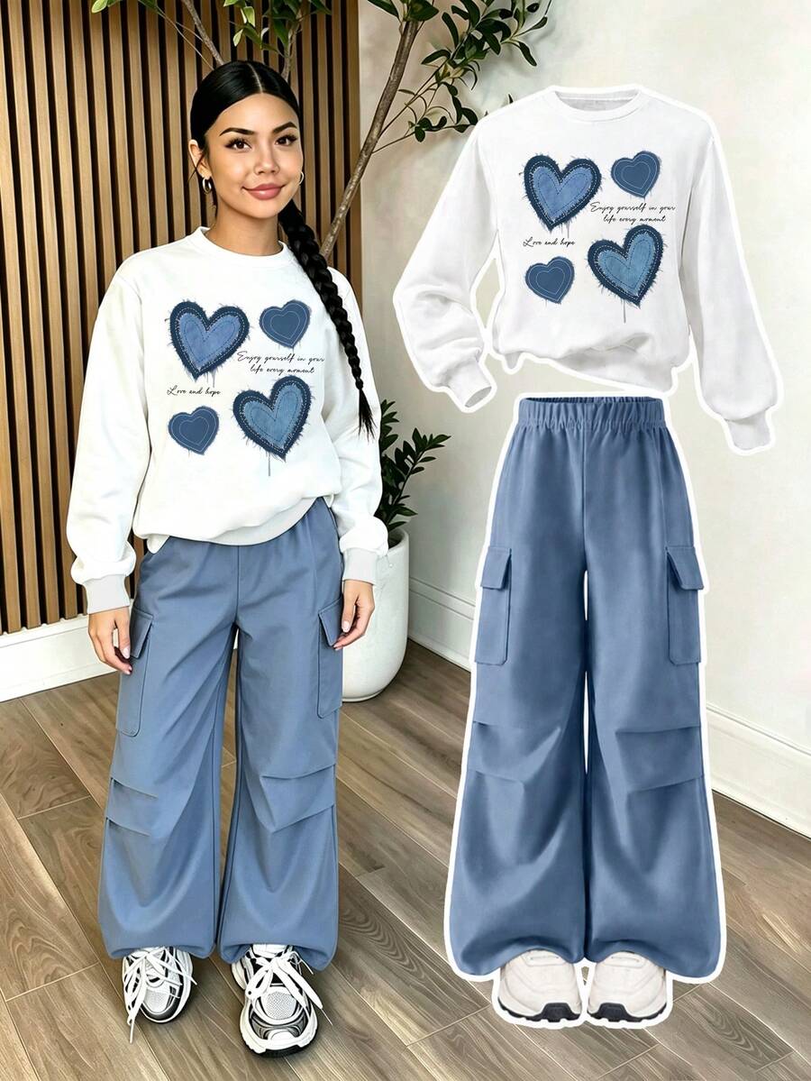 Youth Girl Cartoon Print Warm Crew Neck Sweatshirt And Cargo Pants - White - View 1