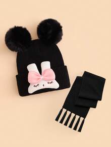 2pcs Baby Autumn/Winter Gift Set, Cute Squinting Rabbit Double Pom Pom Knitted Beanie & Matching Color Scarf Set, Suitable For Baby Girls Daily Wear And Warmth In Autumn/Winter - Multicolor - View 9