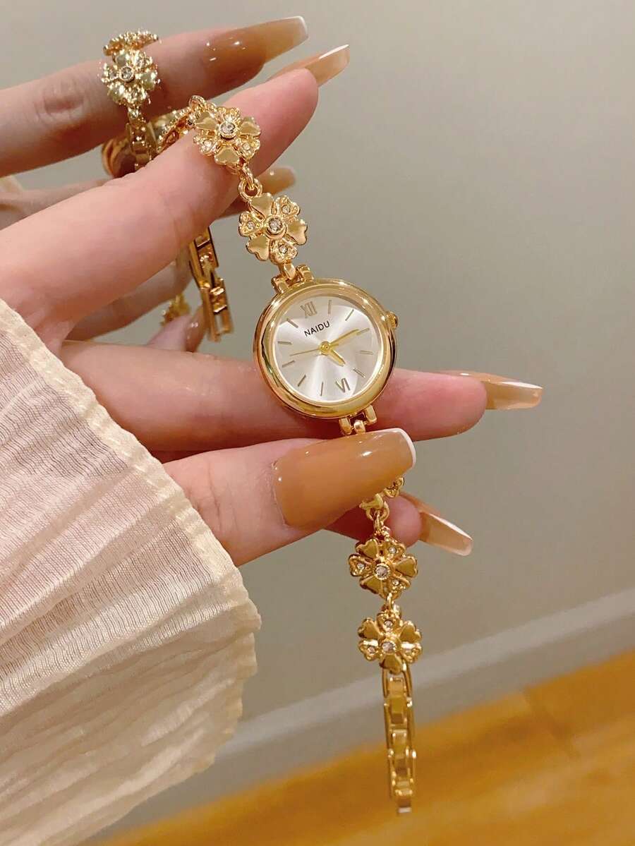 1件女款圓形石英手錶,金色錶殼,金色花卉錶帶,時尚優雅,適合日常配戴 - 金色 - 查看 1