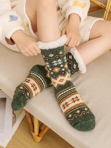 1 Pair Women's Fuzzy Socks, Thick Fleece Mid-Calf Socks, Christmas Gift For Women In Autumn And Winter - Army Green - View 2