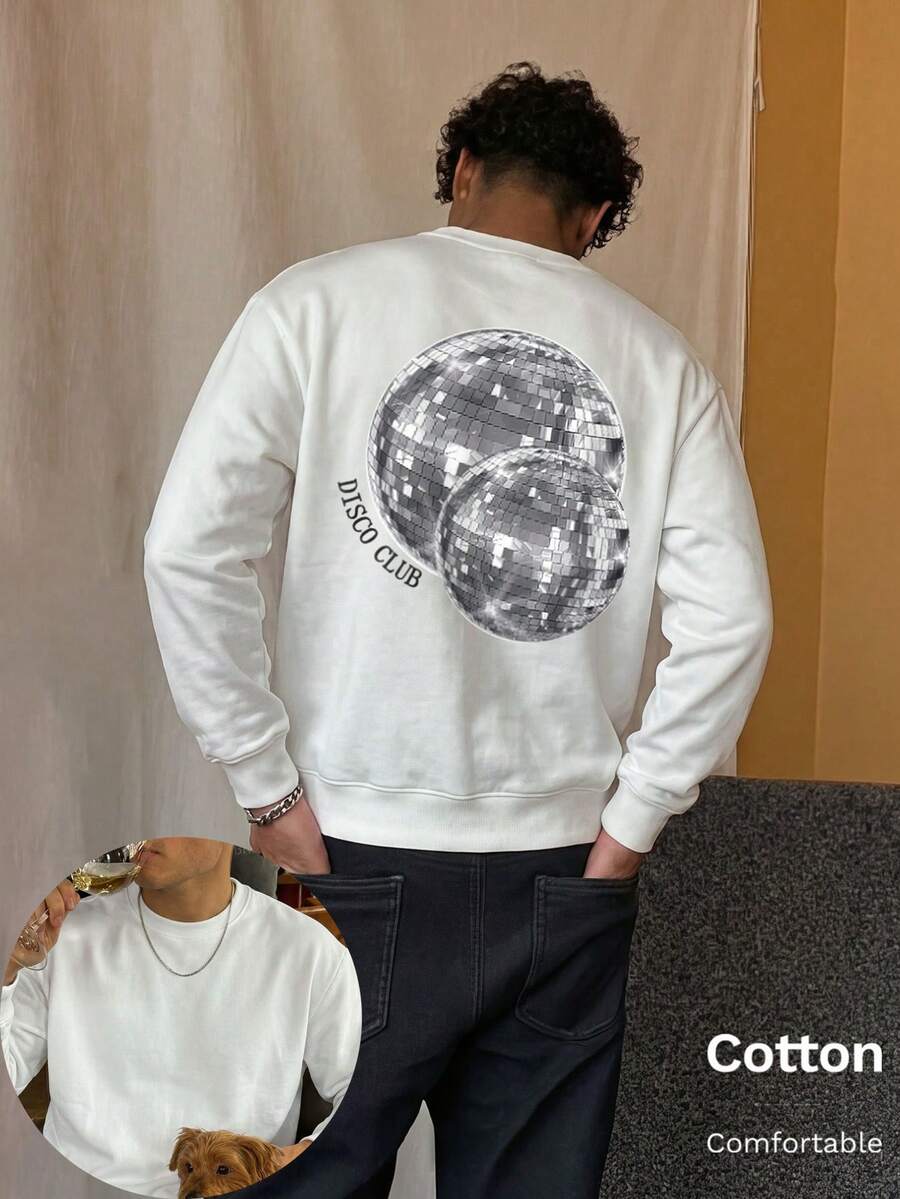 Autumn Men's Thin Crewneck Sweatshirt With Disco Ball Print And DISCO CLUB Text, Back Large Graphic, Silver Design,Y2K - White - View 1