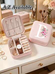 A-Z Floral Initial Travel Jewelry Organizer, Pink PU Leather Mini Zipper Jewelry Box, Compartment Portable Ring Earring Necklace Storage Box, A-Z Letter Women Girls Gift Box - Multicolor - View 29