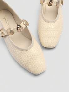 ADAMUMU New Embossed Mary Jane Flats, Geometric Metal Buckle Adjustable Strap, French Style Soft Sole Comfortable Versatile - Chantilly - View 7