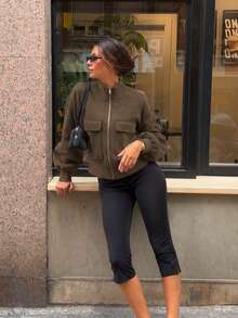 Women's Faux Suede Short Aviator Jacket, Ribbed Collar, Zipper Front, With Pockets - Army Green - View 4