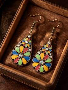 2pcs Bohemian Teardrop Earrings With Rhinestones, Vintage Distressed Multi-Color Sunflower Ear Pendants - Multicolor - View 1
