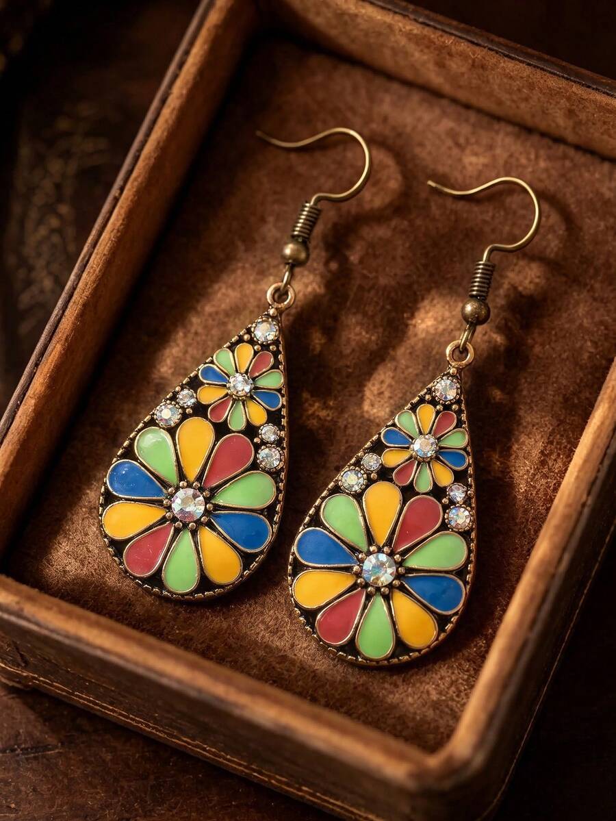 2pcs Bohemian Teardrop Earrings With Rhinestones, Vintage Distressed Multi-Color Sunflower Ear Pendants - Multicolor - View 1