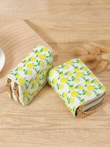 Fashionable Women's Simple Fruit Printed Card Bag, Large Capacity Multi Slot Card Holder, Double Zipper Clip, Suitable For Commuting And Going Out - White - View 3