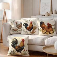 4pcs/1pc Vintage Rooster & Hen Pattern Pillow Covers, Single-Sided Printed Pillow Covers, Suitable For Living Room, Bedroom, Home Decor, All-Season Pillow Covers - Multicolor - View 1