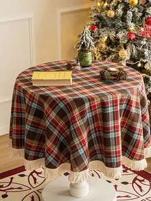 1 buah Taplak Meja Motif Kotak-kotak Merah Kopi dengan Hiasan Renda, Taplak Meja Natal Gaya Nordik Klasik untuk Pesta Malam Natal, Meja Makan, Meja Kopi, dan Dekorasi Meja Kerja - Cokelat + Renda - View 2