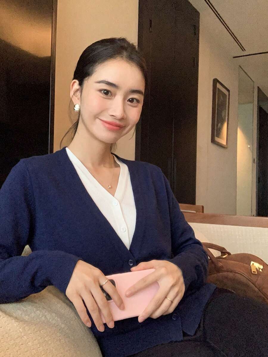 Korean Style Casual Navy Blue V-Neck Long Sleeve Knit Cardigan Women Autumn/Winter Faux Two Pieces Layering Base Top Button Patchwork Sweater - Navy Blue - View 1