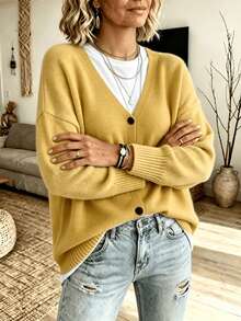 Plus Size Women Fall Winter V‑Neck Button Front Knit Cardigan, Drop Shoulder Long Sleeve Loose Soft Knit Casual Sweater Coat - Mustard Yellow - View 4