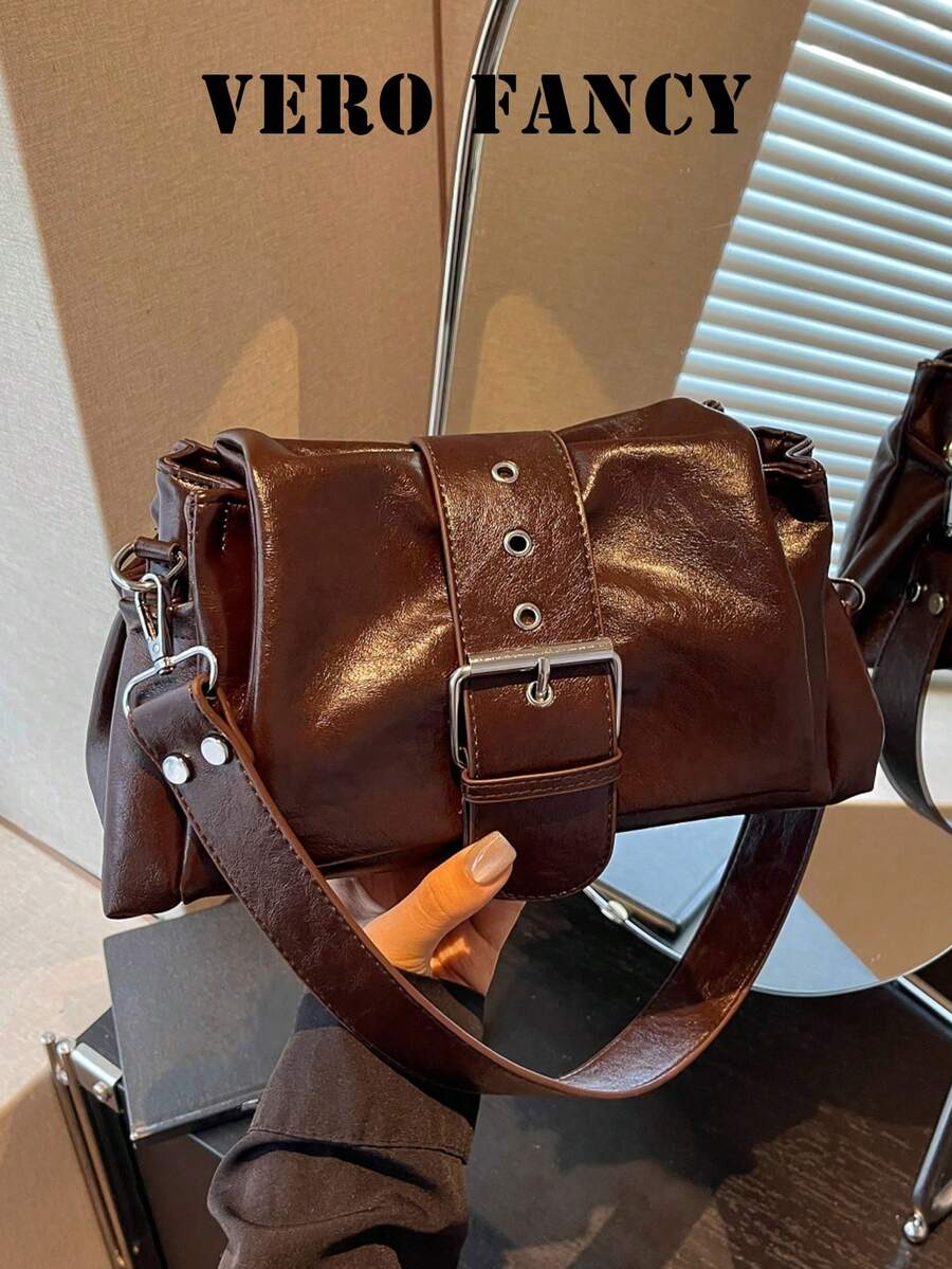 Tas Bahu Retro Bergaya Motor dengan Hiasan Gesper dan Desain Tali Bahu Lebar yang Dapat Dilepas, Cocok untuk Berbelanja, Kencan, dan Bepergian