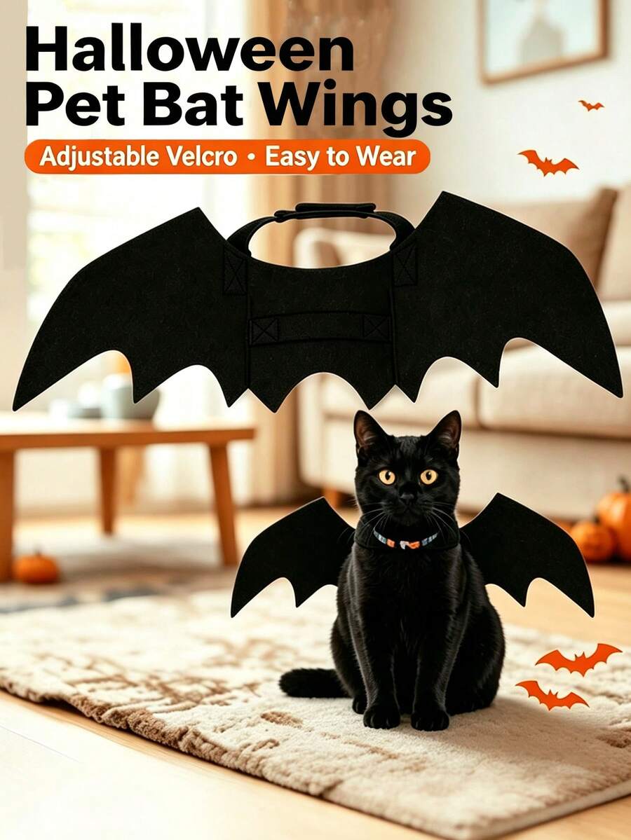 1pc Black Soft Felt Bat Wings Pet Costume, Adjustable Hook And Loop Strap, Cute Halloween Cat Bat Wings Cosplay Harness Set Accessory, Suitable For Small Dogs And Cats, Party Dress Up Photo Prop, Autumn Style