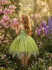 Elegant Floral Sequin Sleeveless Flower Girl Dress In Mint Green, Without Headband - Mint Green - View 7