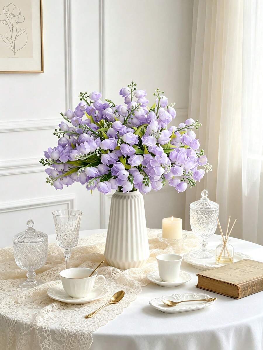 6Pcs Artificial Lily Of The Valley Purple Wind Chime Flower Silk Flower Wedding Bouquet, Mayflower Table Centerpiece, For Home Garden Wedding Party Decoration - Purple - View 1
