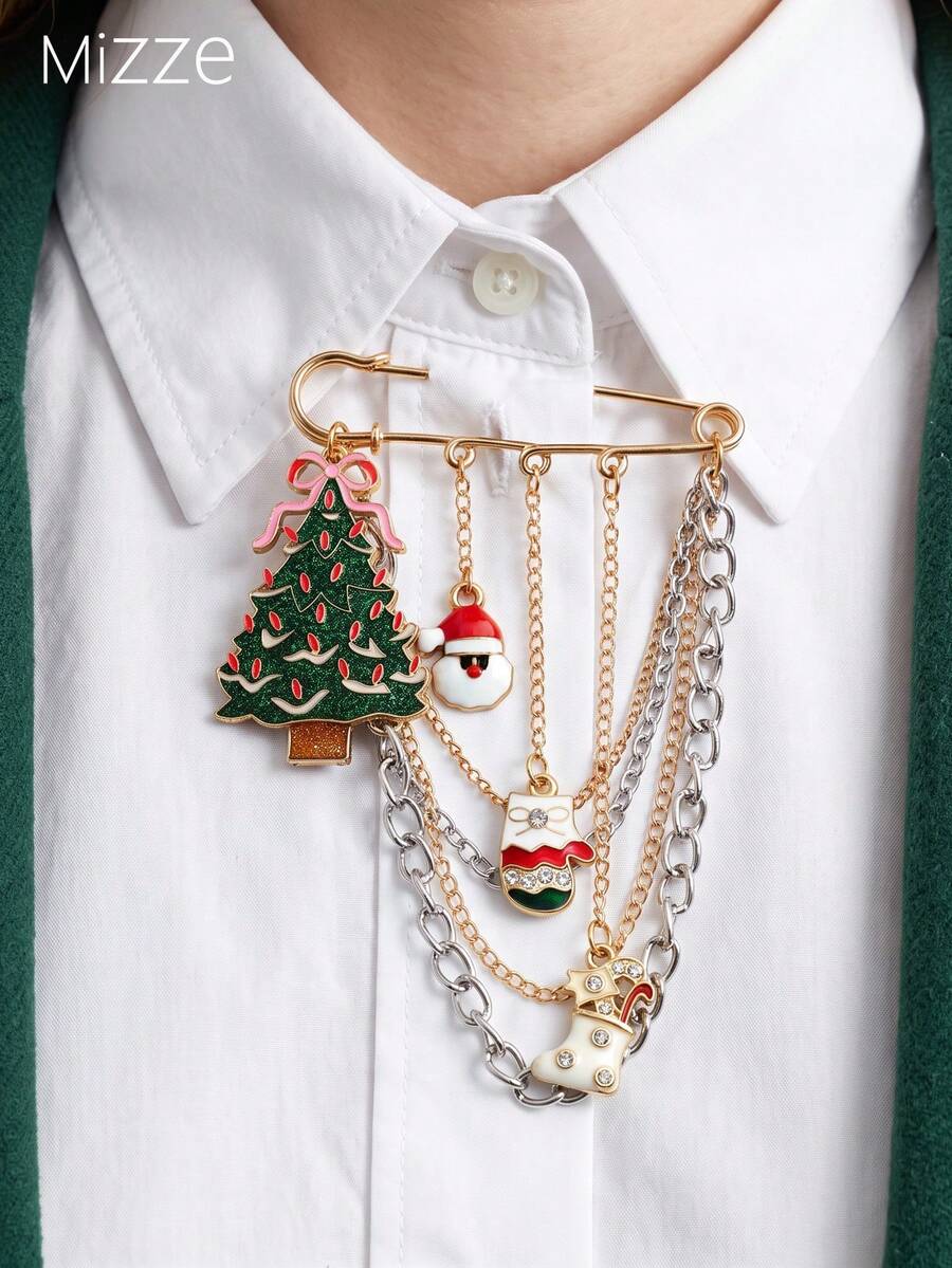 Vintage Alloy Glitter Enamel Christmas‑Themed Ornament Chain Tassel Safety Pin Brooch For Women, For Parties And Gifting - Multicolor - View 1