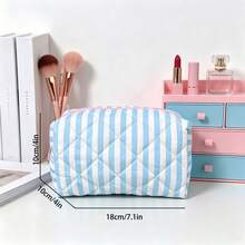 Blue Diamond Grid Stripe Makeup Bag, Handheld Large Capacity Toiletry Bag, Portable Travel Cosmetics Storage Pouch, Stationery Pen Case, Multifunctional Storage Bag, Perfect Holiday Gift - Blue and White - View 7