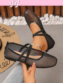 XfxfA Women's Cross Mesh Flat Shoes, Breathable & Comfortable, Suitable For Daily Casual/Shopping/Commuting Wear - Black - View 1