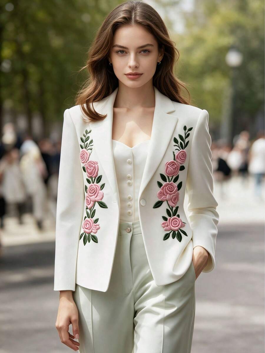 Women's Fashion Embroidered Blazer Jacket, Suitable For Daily Commute, Gatherings, And Weddings Pink Spring Fall