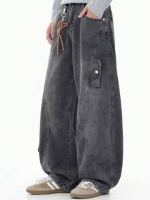 LOGEQI Pantalones Vaqueros Corte Banana Holgados Mezclilla Lavado Vintage con Bolsillos Cargo Laterales Estilo Urbano De Hombre - Negro - Ver 2