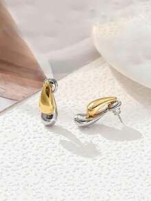 rundraw 1 Pair Hypoallergenic Water Drop Color Block Gold & Silver Stud Earrings, Minimalist Elegant, Versatile For Daily, Party, Beach, Gift - Multicolor - View 8