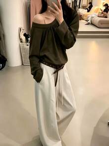 Early Autumn Vibe Asymmetrical Shoulder Top With Ruched Design, Loose Long Sleeve Lazy Solid Color Slimming T-Shirt - Dark Green - View 3