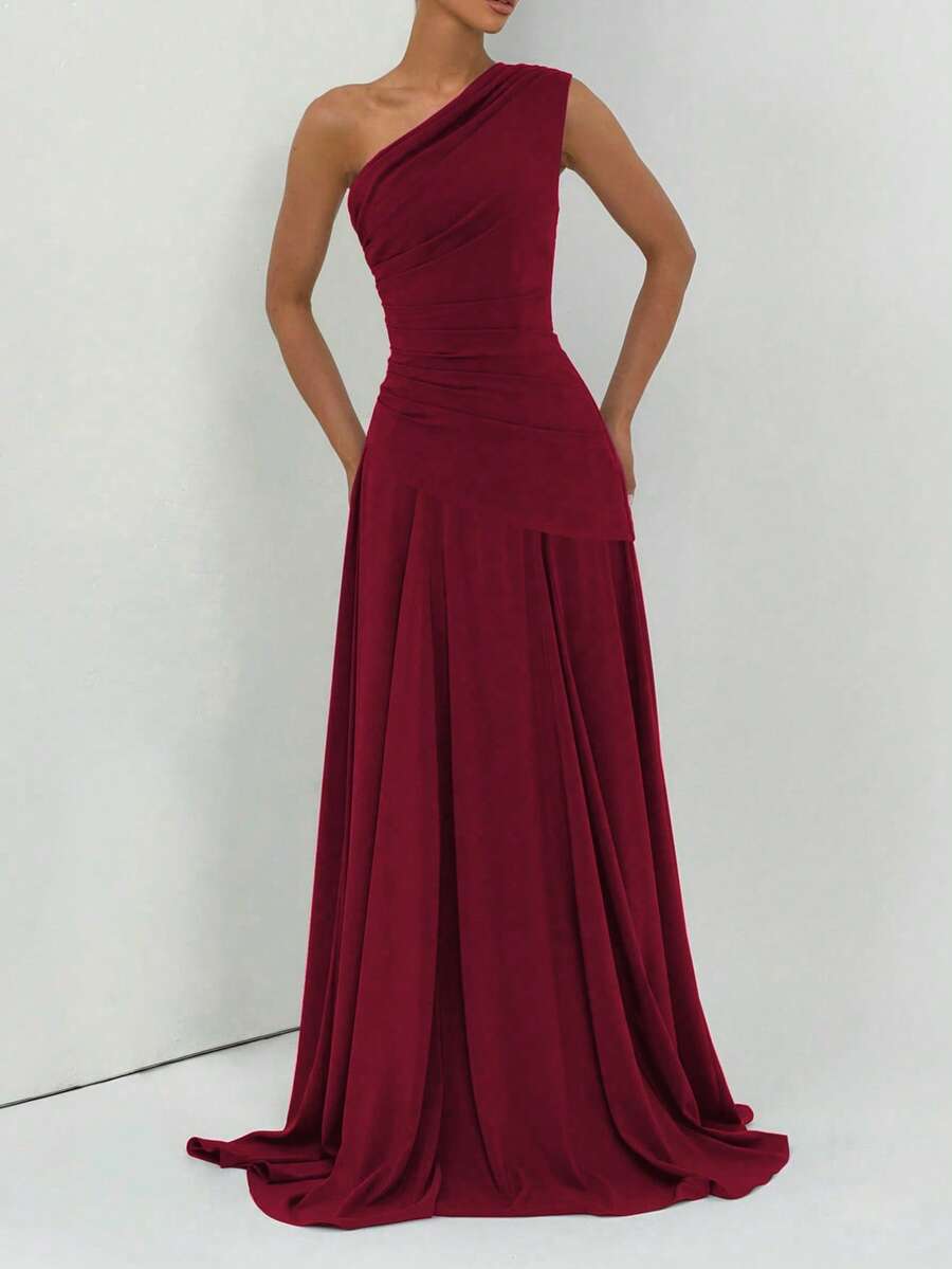 Elegant One-Shoulder Pleated Dress, Sexy Party Nightclub Wedding Style - Wine Red - View 1