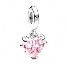 1pc Cute Pink Pendant Silver-Plated Perforated Beads With Flower, Elephant, Rabbit, Rose, Heart, Paw Print Large Hole Beads Bracelet, Handmade Jewelry Making Gift, Suitable For Girls And Women, Can Showcase Charm - Pink - View 8