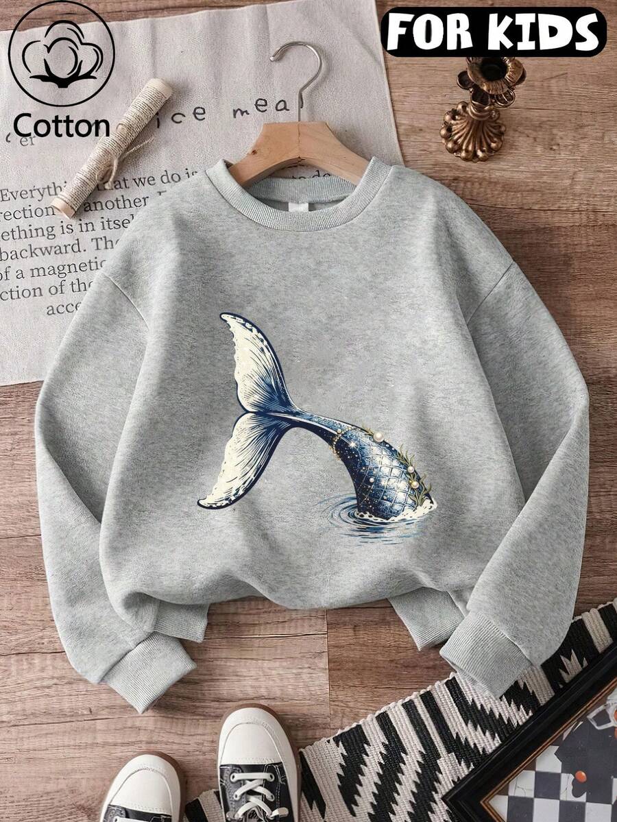 Sweatshirt för tweenflicka med rund hals, valstjärtmönster, ren bomull, pullover - ljusgrå - Visa 1