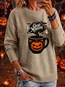 Plus Size Women Coffee Lover Halloween Good Morning Coffee Cup Pumpkin Ghost Bat Print Sweater, Suitable For Autumn/Winter Wear, Warm And Comfortable - Camel - View 3