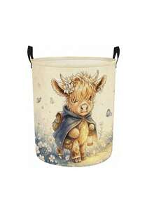 Cute Highland Cow Floral Print Laundry Hamper, Collapsible Large‑Capacity Storage Basket With Handles, Clothes Storage, Unisex, Essential For Daily Home And Dorm Use - Multicolor - View 16