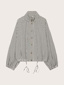 Women's Long Sleeve Stand Collar Adjustable Drawstring Hem Plaid Lightweight Jacket - Black and White - View 4