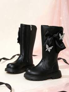 1 Pair Girls' Tall Boots, Shiny Butterfly + Fabric Bow Decor, Elastic Soft Sole With Inner Zipper Design, Fashion Sweet Cool Princess Style Boots, Suitable For Daily, Holiday, Party, Autumn/Winter New - Black - View 8