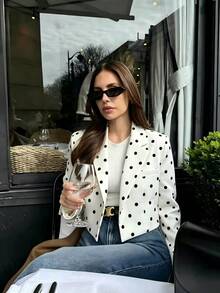 Women's White Polka Dot Short Blazer Woven Fabric Long Sleeve Classy Outfit - White - View 3