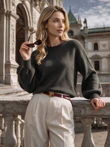 NiceArt Women's Fall Winter Coffee Brown Wool Blend Knit Pullover, Crew Neck Balloon Long Sleeve Relaxed Sweater For Relaxed Daily Outfits Homedecor - Coffee Brown - View 3
