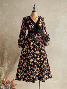 Rusttydustty Women's Vintage V-Neck Patchwork Lace Trim Floral Print Cinched Waist Long Dress, Autumn Women's Dress, Street Vintage Clothing - Black - View 8