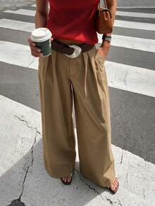 Aflion Women Fall Khaki Pleated Wide Leg Pants, Elastic Back Waist Casual Loose Long Trousers, Belt Not Included - Khaki - View 11
