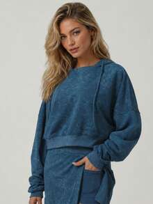 Women's Washed Blue Cropped Hooded Sweatshirt Drop Shoulder Loose Fit Drawstring Long Sleeve Daily Workout Casual Loungewear Athletic Top - Blue - View 6