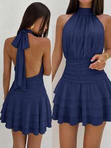 Elegant Halter Neck Backless Mini Dress With Layered Ruffle Hem Wedding Party Fall - Navy Blue - View 2